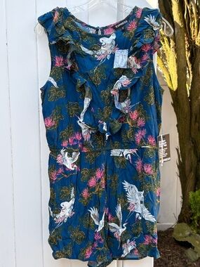 NWT Express Teal Romper with White Crane & Pink Floral Print m